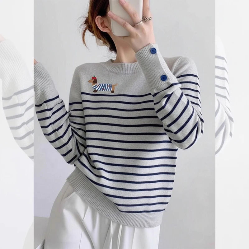 

Вязаный свитер женский японский Harajuku в синюю полоску с мультяшным принтом собаки колледж зимний круглый вырез с длинным рукавом классический универсальный