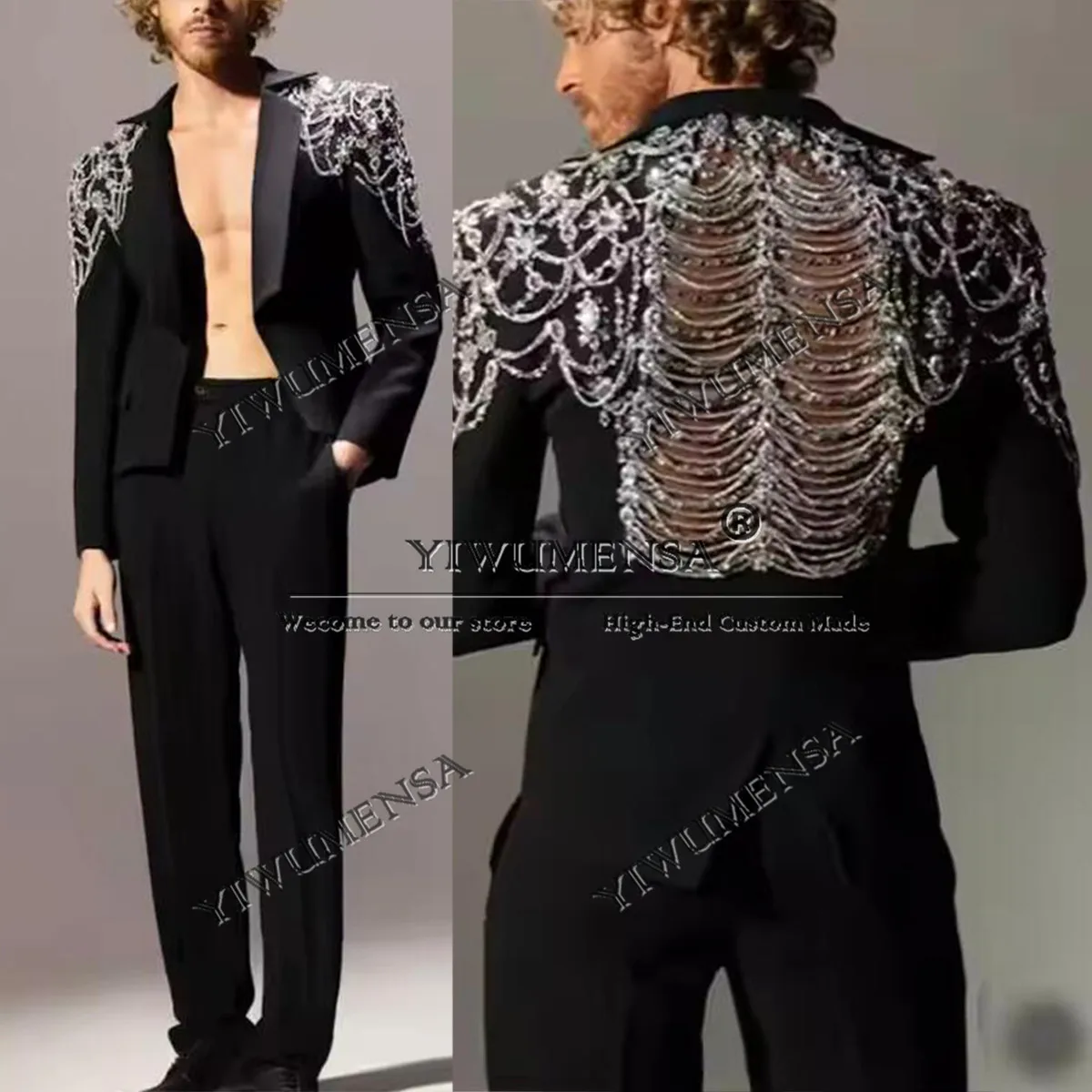 

Luxurious Men Suits For Wedding Beading Backless Groom Tuxeods 2 Pieces Set Jacket Pants Customized Man Banquet Party Dresses