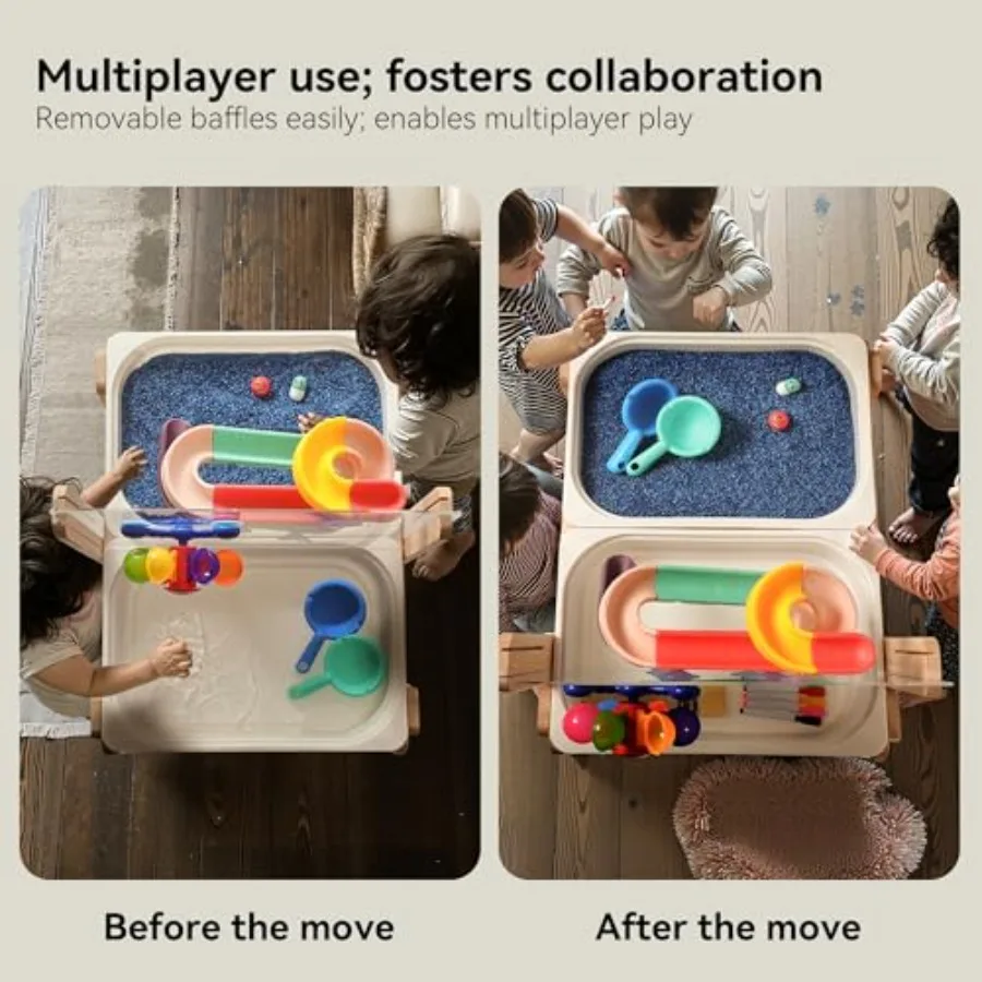 Mesa de arena y agua para niños pequeños, mesa de actividades sensoriales de madera 4 en 1 para niños con 2 contenedores de almacenamiento, tablero acrílico para pintar, tobogán