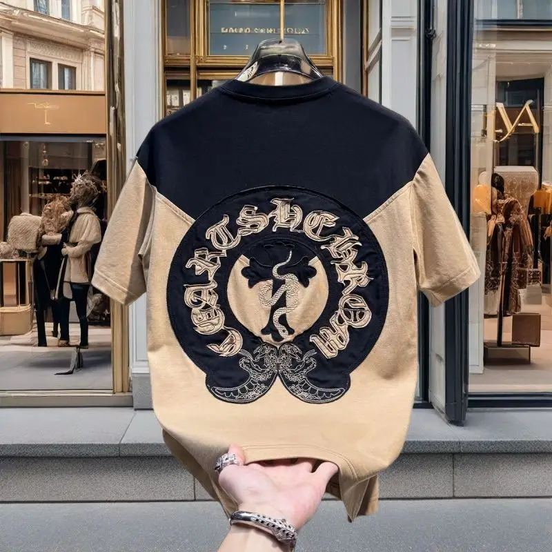 

High-end embroidery printed short-sleeved t-shirt trendy brand 2025 new summer loose European splicing half-sleeves