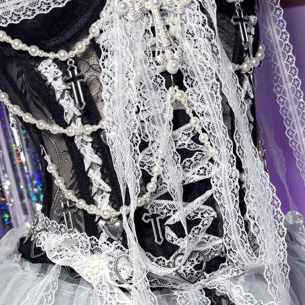 Ropa de Club para niñas electrónicas, corazón Grunge hecho a mano, TOPS de encaje Y2K, vestido gótico de los años 90, Punk Rock, Harajuku, Cruz gótica, Emo, bricolaje, Kawaii Eco