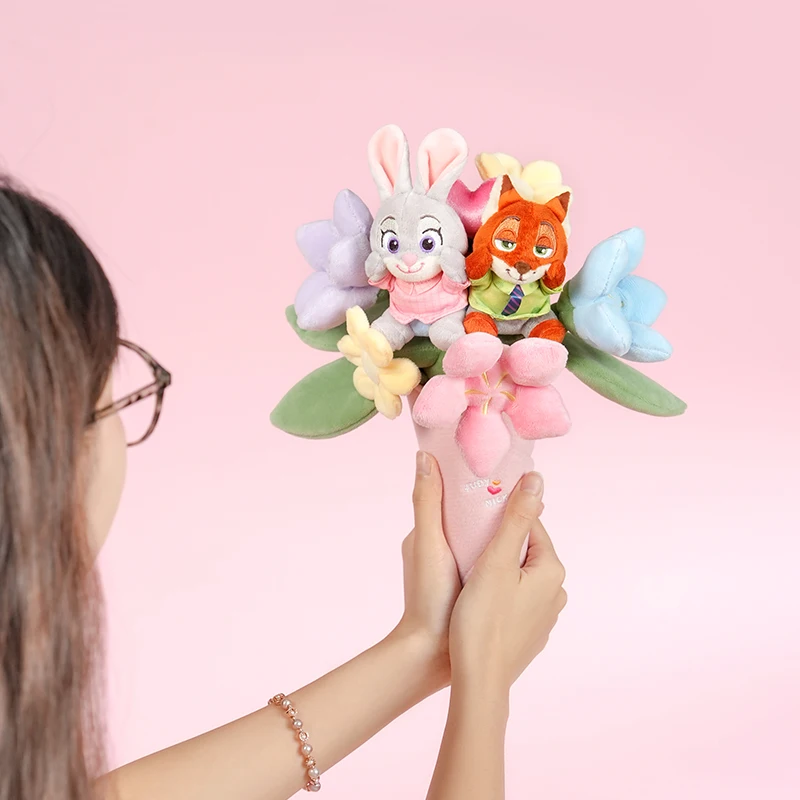 Novo disney genuíno judy nick shi diqi anqi em torno do buquê boneca bonito casal boneca menina aniversário natal presente surpresa