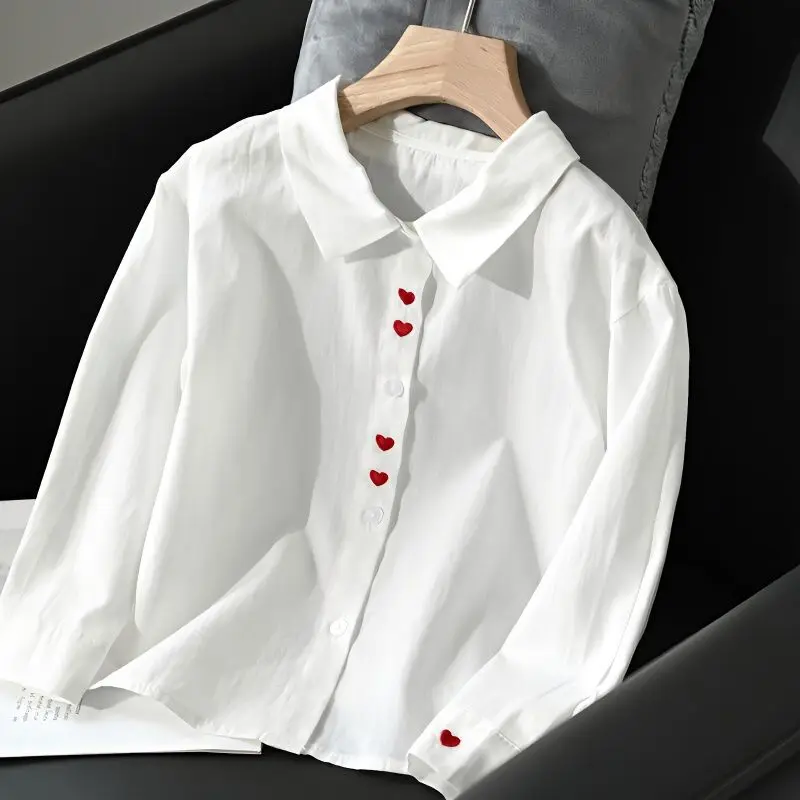 Kids Girls Heart Embroidery Blouse Shirts 2025 New Fashion Children Spring Autumn Cotton Tops School Wear Cltohing White Shirts