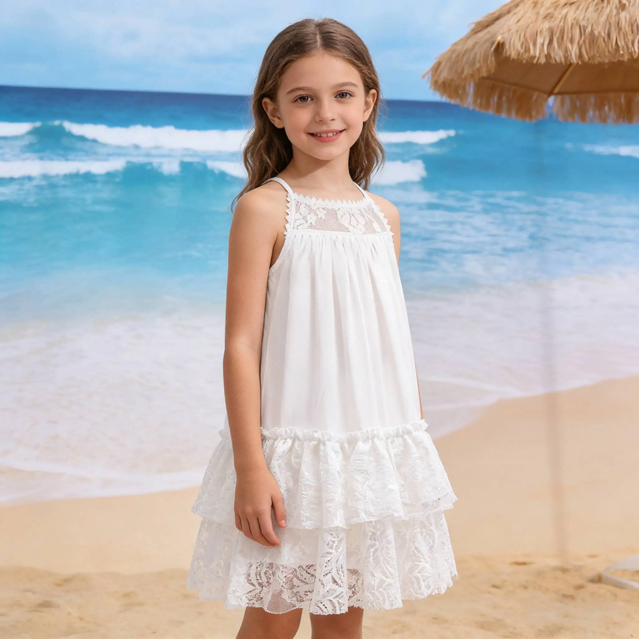 

Новое летнее детское платье однотонного цвета на каждый день 2026. Белое платье без рукавов для девочек с вышивкой и аппликацией в стиле принцессы.