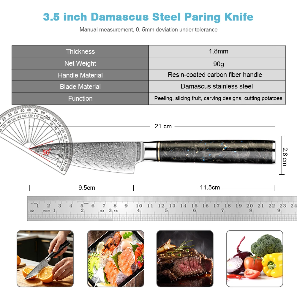 XITUO Paring Knife 3.5 Inch Damascus Steel Sharp Japanese Kitchen Pretty Chef Knife For Fruit, Resin-coated Carbon Fiber Handle