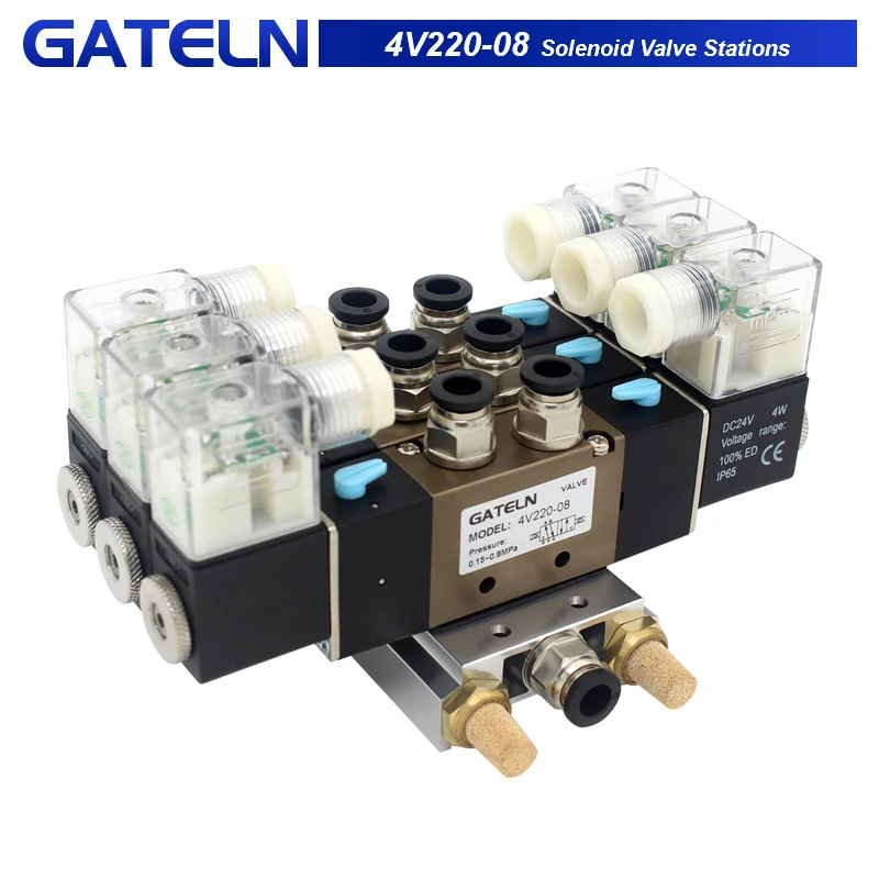 

4V220-08 DC24V 12V AC220V AC110V 2 Positions 5 Way Quadruple Solenoid Valve Aluminum Base Fitting Mufflers Set 3 4 5 6 Stations