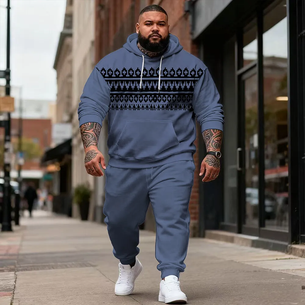 

S-9xl Модный мужской комплект с капюшоном в этническом стиле больших размеров — прочный наряд свободного покроя для парней больших размеров, отлично подходит для отдыха в помещении