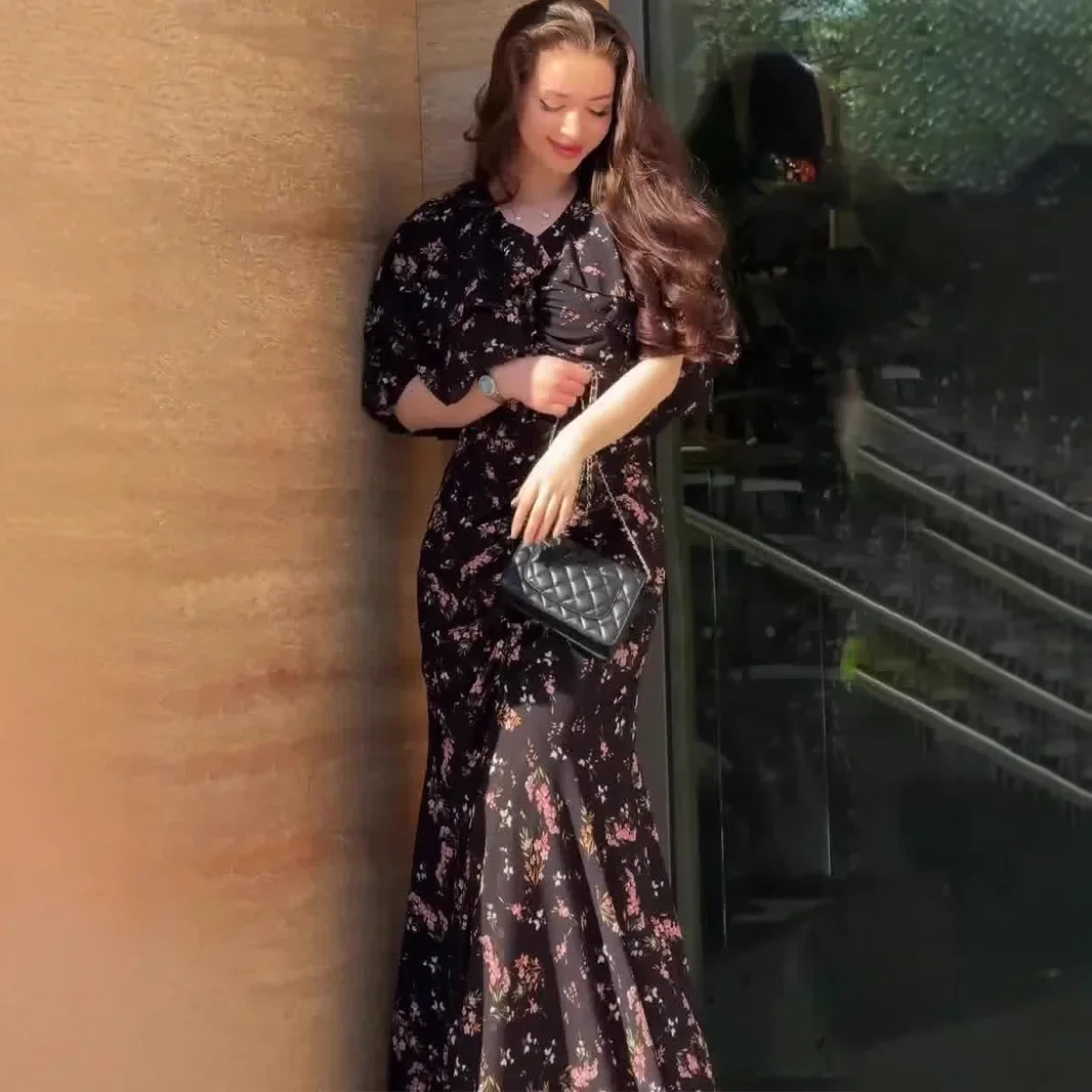 2025 ฤดูใบไม้ผลิใหม่ดอกไม้นุ่มแขนสั้นสบายชุดยาวอารมณ์สง่างามชุดผู้หญิง S9248