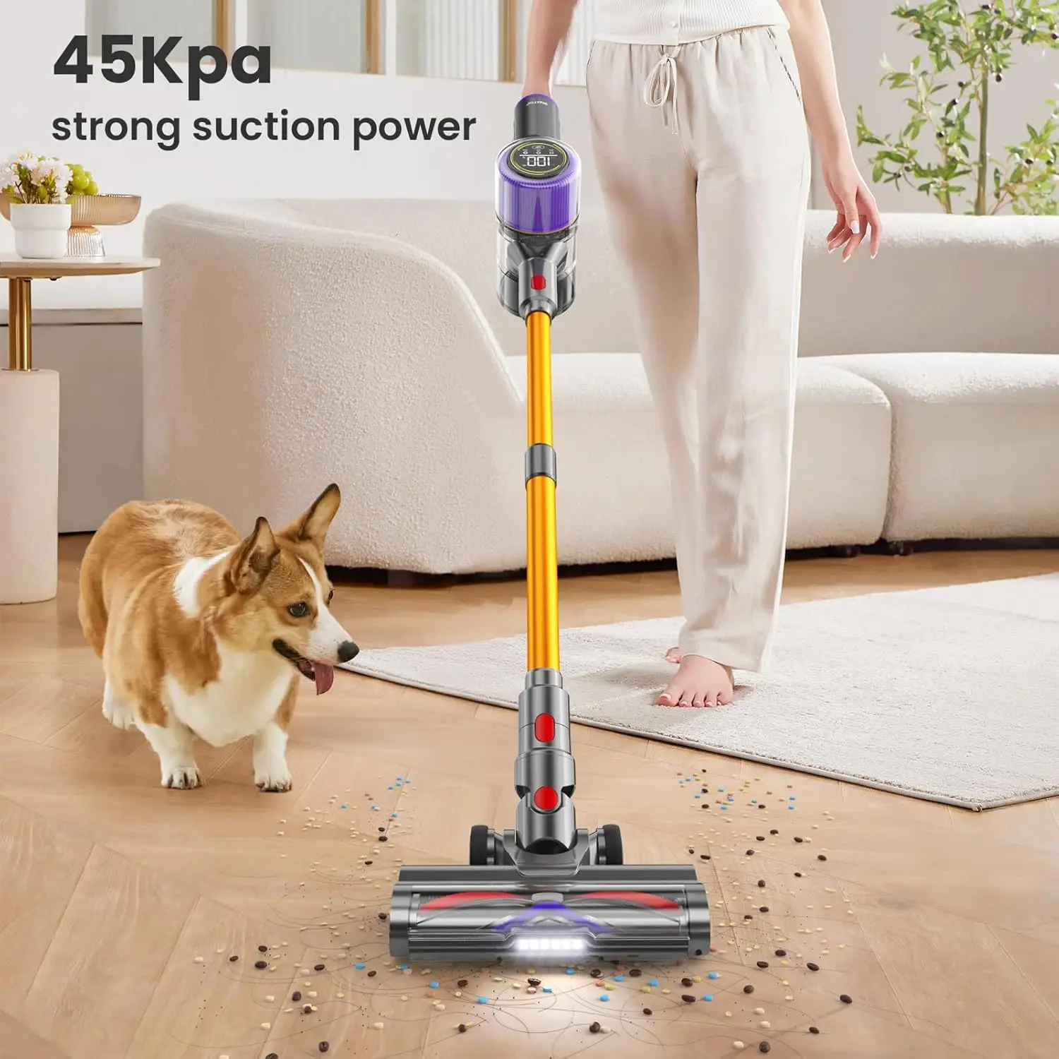 45Kpa 550W Powerful Vacuum Cleaners for Home , 60 Mins Stick Vacuum with Touch Screen, Anti-Tangle Roller Brush, Lightweight Vac