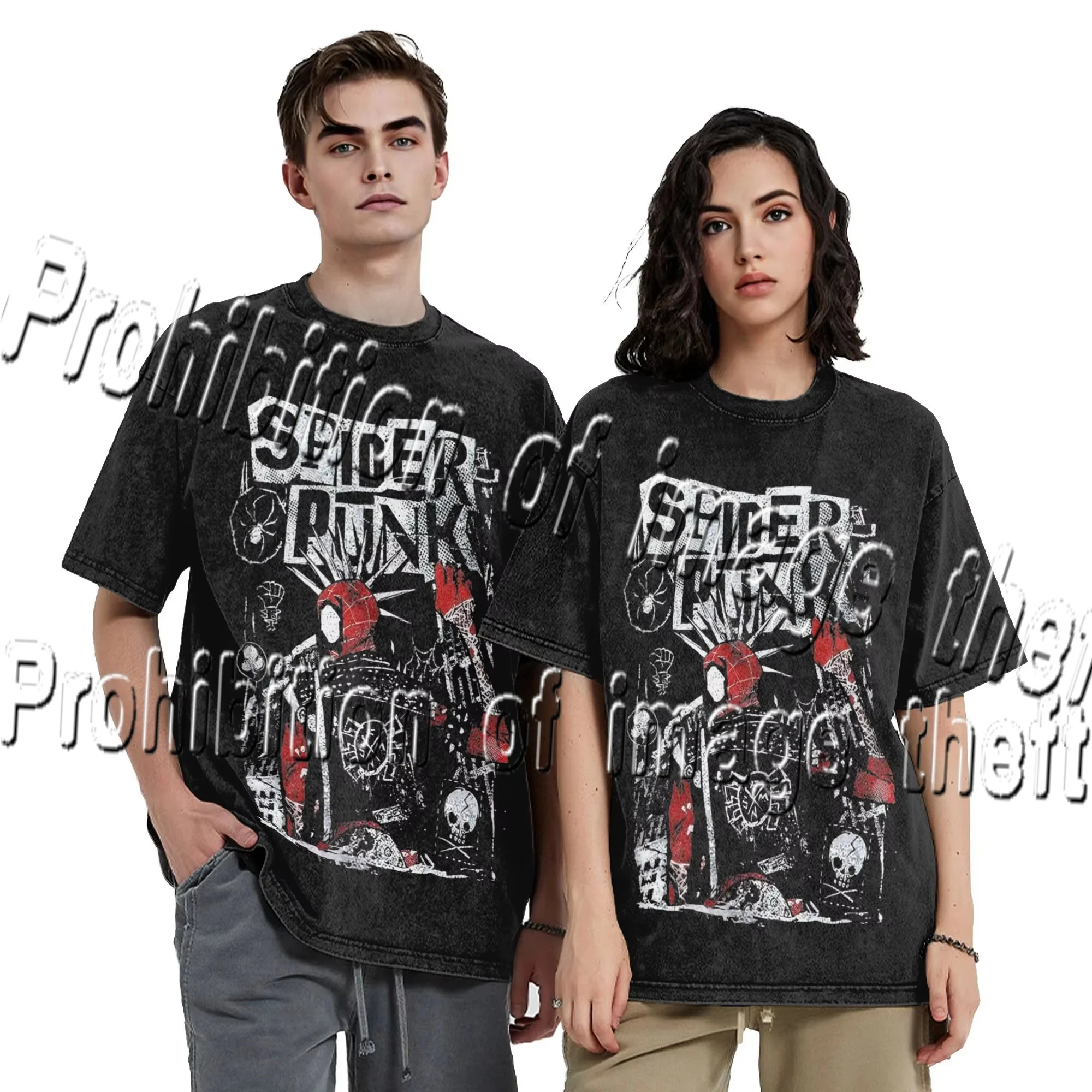 

Spider Man Print Distressed Washed Black Loose T-shirt for Adults and Children, Trendy Street Style Short Sleeved Top