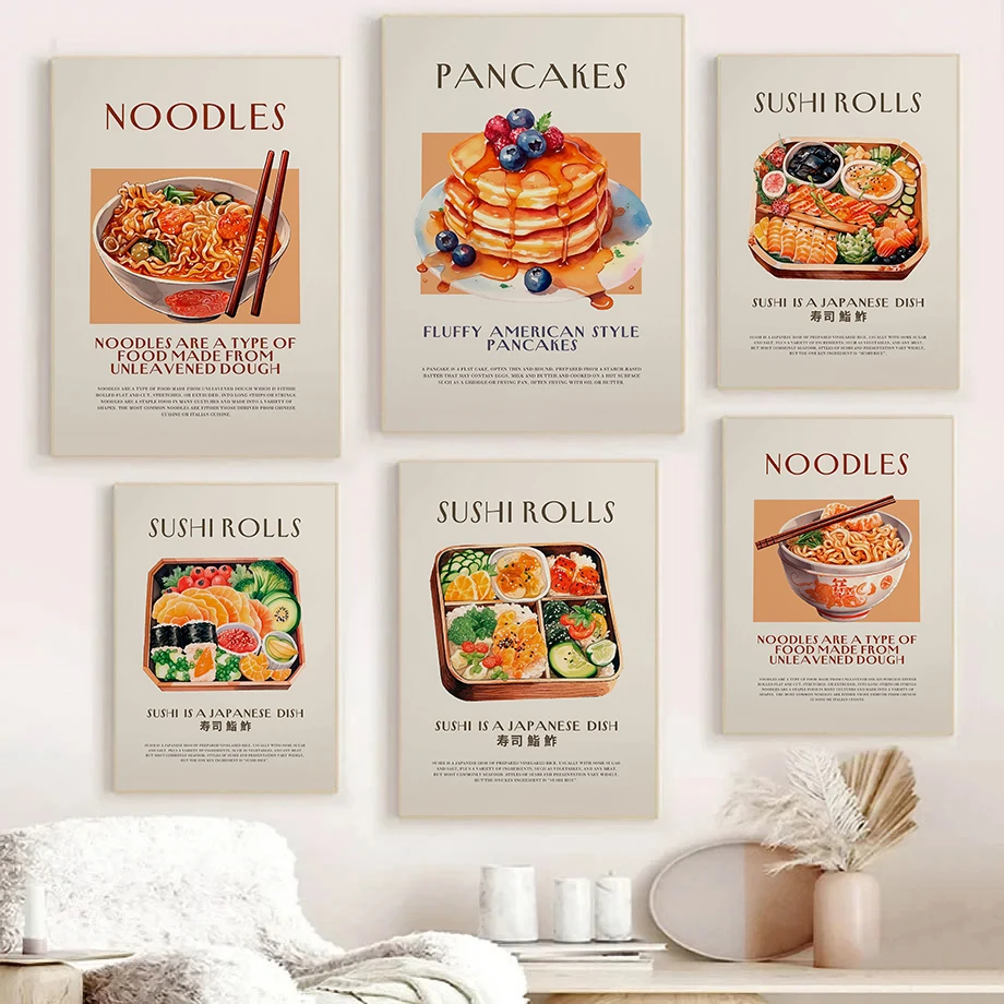Póster Retro de cocina moderna, comida deliciosa, fideos Udon, Sushi, salmón, pinturas en lienzo, imágenes artísticas de pared, decoración del hogar