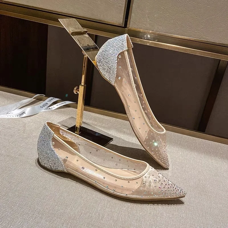 

Wedding shoes, pointed rhinestone mesh flat shoes, women's summer new style, starry sky fairy style, shallow mouth single shoe