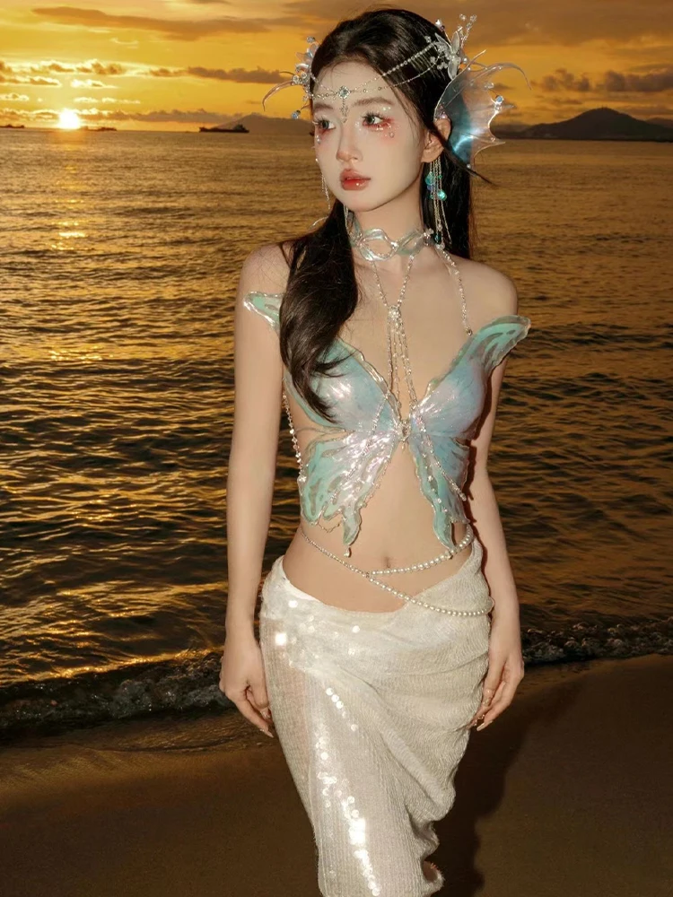 Fairy Butterfly Bikini Mermaid Crystal resin + silicone bra pure handmade custom Cosplay anime costume summer swimsuit