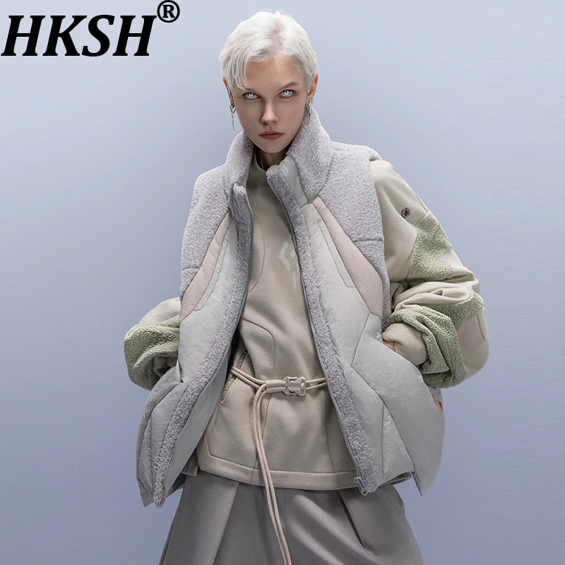

HKSH Autumn Winter Men Tide Down Vest Turtleneck Fleece Lined Windproof Versatile Warm Waistcoat Punk Techwear Patchwork HK15887