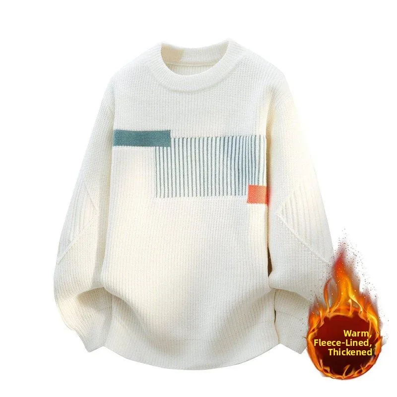 

Мужской вязаный свитер с круглым вырезом, на флисовой подкладке, повседневный, теплый, шерстяной, осенне-зимний, модный тренд, облегающий крой.