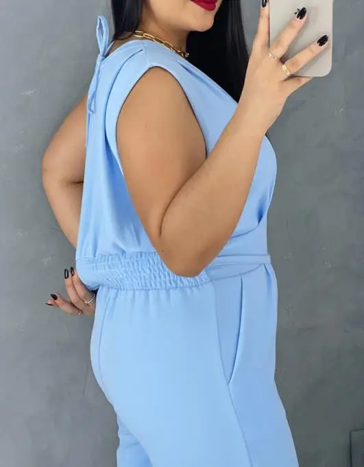 

Women's Fashion V Neck Lace-Up High Waist Meatl Buckle Jumpsuit Temperament Commuting Female Casual Shirred Wide Leg Romper