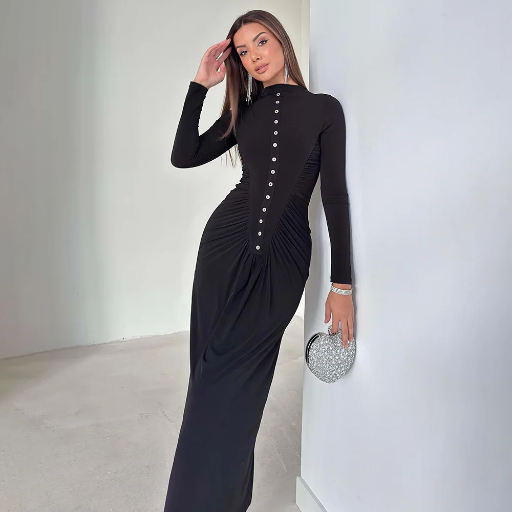 Apprabant Women Fall Winter Solid Ruched Button Up Long Sleeve Dress O-Neck Slim Fit Elegant Casual Outfit Fashion Streetwear