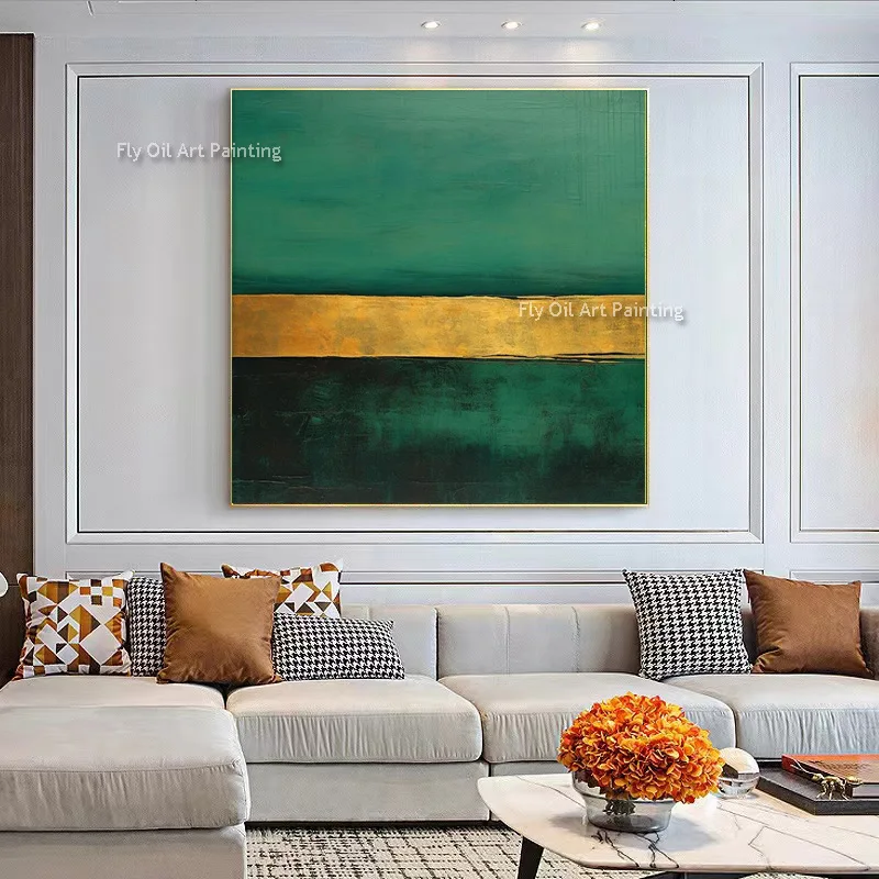 

Abstract Black And Golden Oil Painting Handmade Green And Golden Canvas Wall Art Simple Design Artwork For Home Decor As Gifts