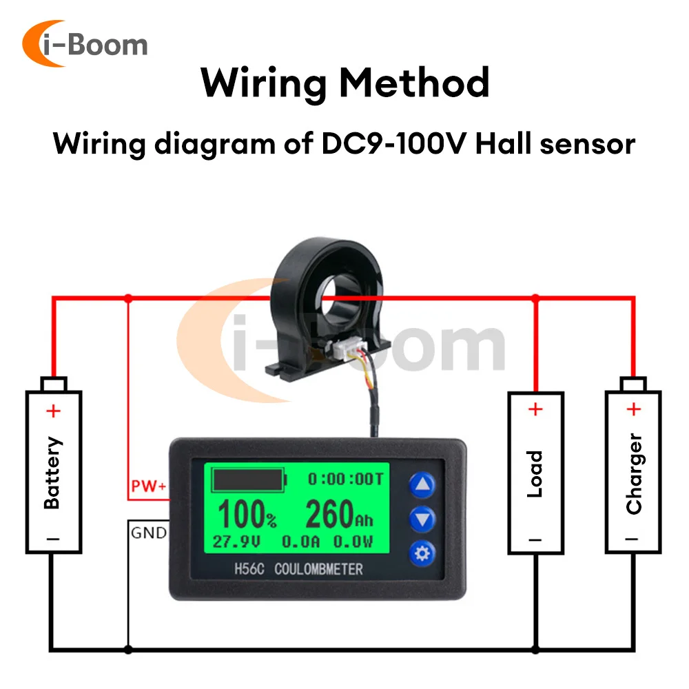 DC 9V-100V Battery Monitor Capacity Display Hall Sensor Coulomb Tester Voltmeter Ammeter Battery Capacity Coulomb Meter