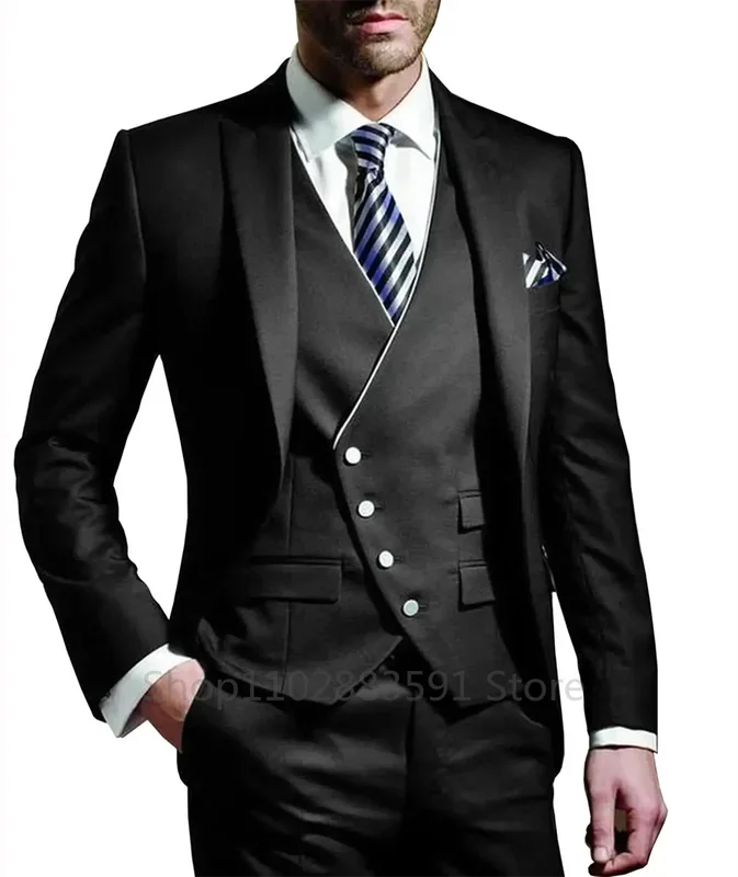 Slim Fit Men's 3 Pieces Suit Blazer+Vest+Pants Leisure Formal High Quality Tuxedos Woolen Party Prom Wedding Dress Male Suits