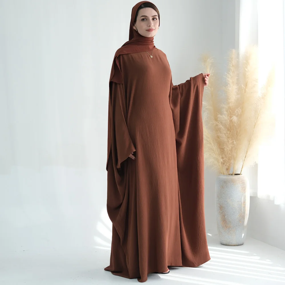 Abaya Hijab Set Muslim Women Butterfly Sleeves Dress Built-in Belt+Long Scarf Islamic Clothing Dubai Turk Modest Outfit Ramadan