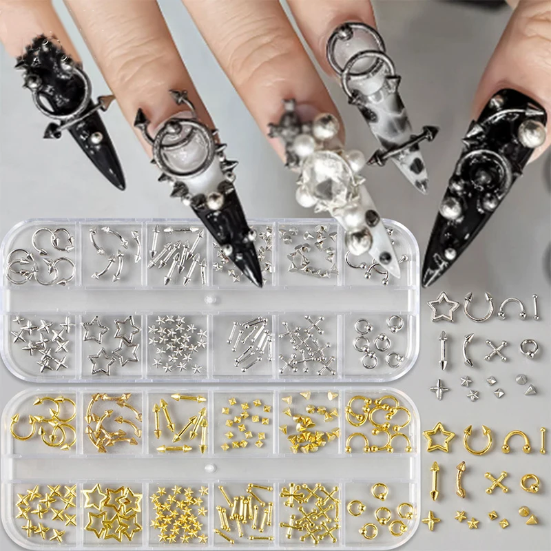 

12 Grids Gothic Punk Retro Metal Nail Jewellery 3D Gold Silver Nail Rhinestone Accessories DIY Glamour Nail Decoration