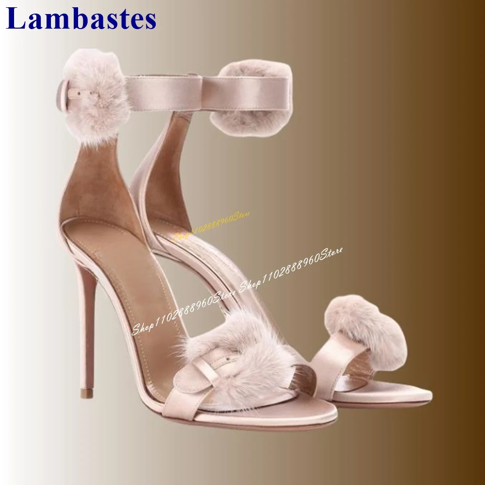 

Luxury Pink Silk Furry Belt Sandals Thin High Heel Women Shoes Ankle Buckle Strap Open Toe 2024 Fashionable Zapatos Para Mujere