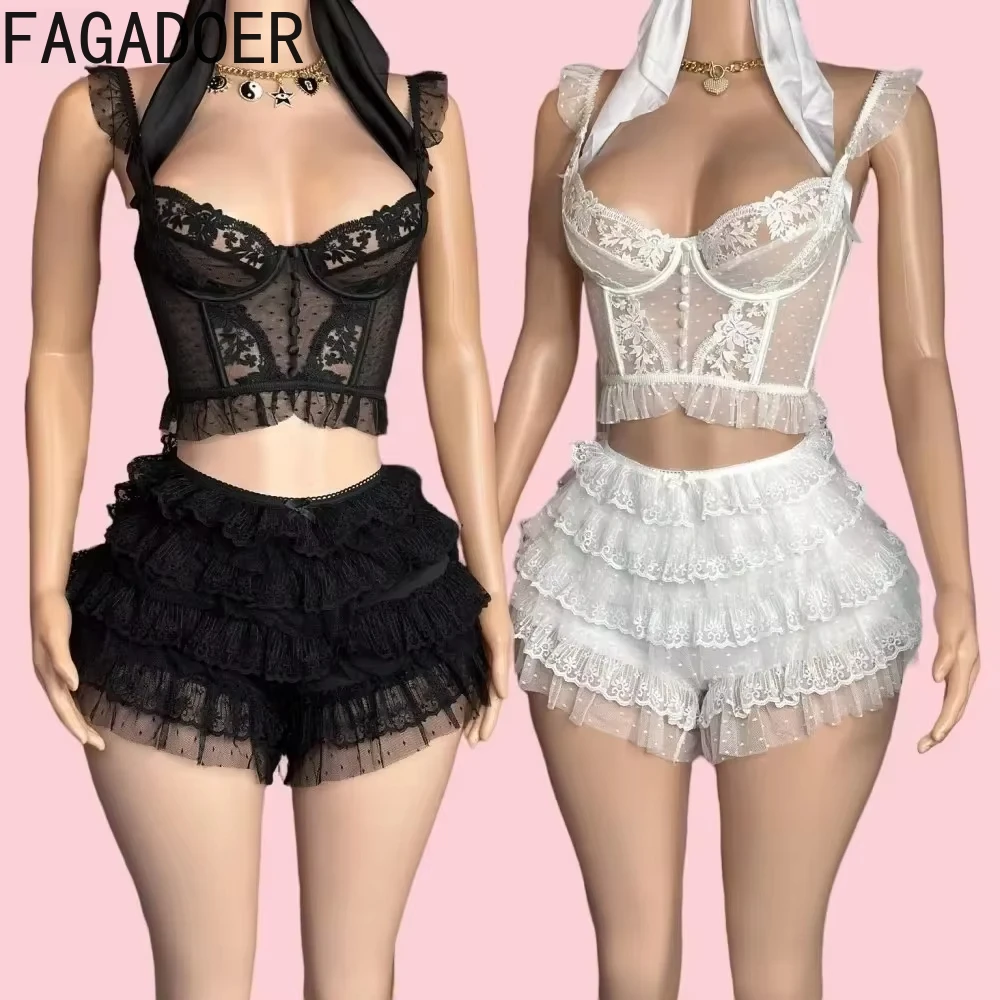 

FAGADOER Lace Sexy Embroidery Sheer Two Piece Sets Women Thin Strap Tank Top + Ruffle Mini Skirts Shorts Outfits Party Clubwear