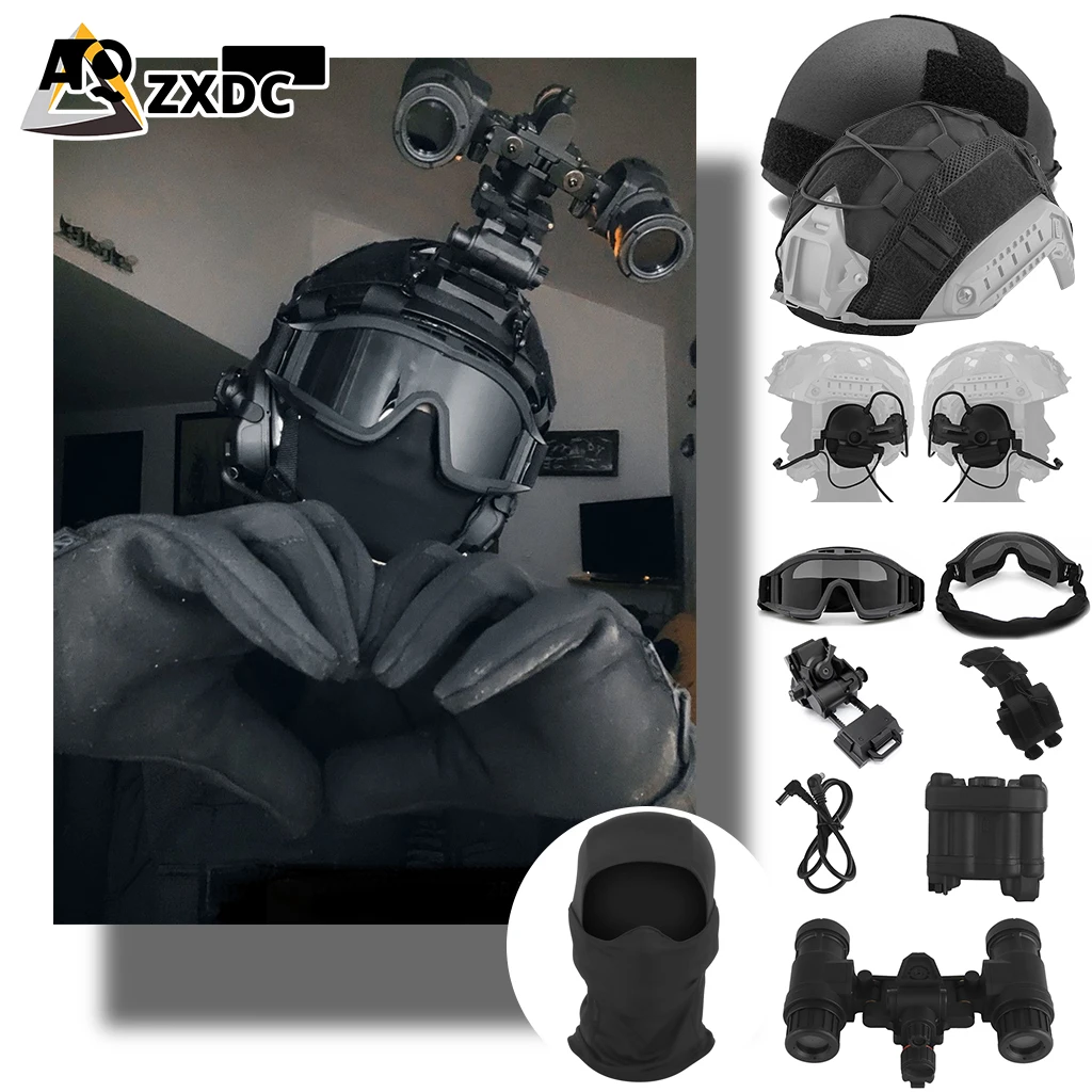 

Black Airsoft Helmet Binocular Set, with C5 tactical headset and L4G24 and Goggles and PVS-31 NVG Model for Shooting and Cosplay