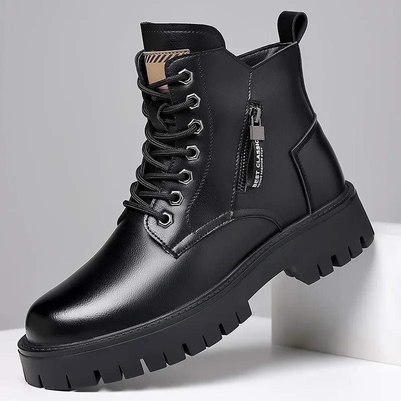 

Winter thick soled Men's boots Outdoor waterproof laceup genuine leather boots male Comfortable warm leather shoes Botas Zapatos