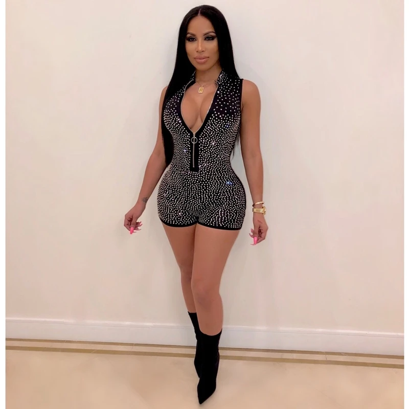 Brilhante strass sexy clube macacão feminino verão curto playsuit senhoras zíper frontal bodysuit festa macacão bodycon macacões