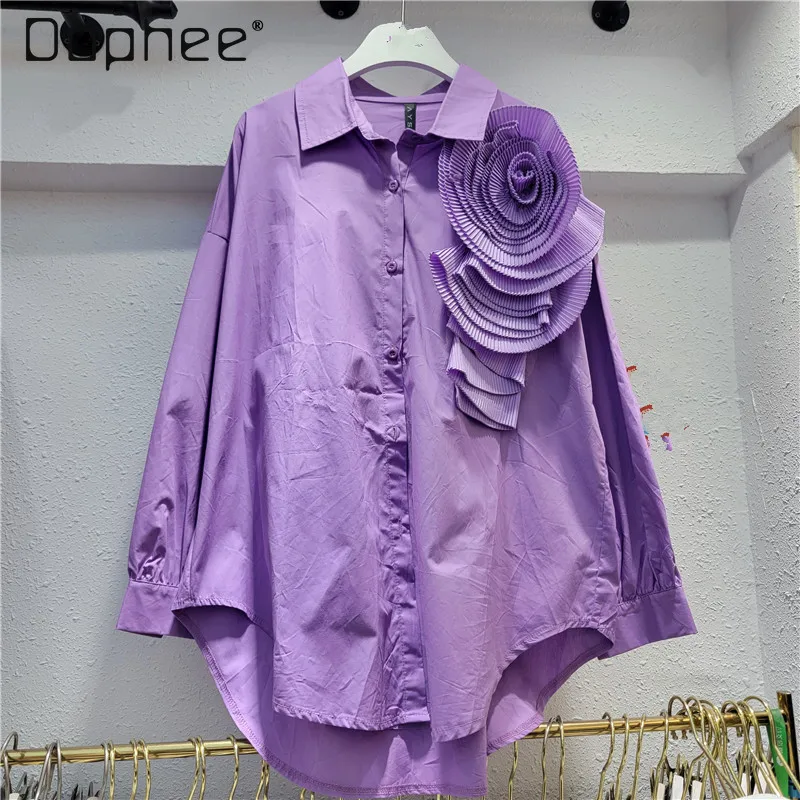 Camisa plisada tridimensional de manga larga con flores grandes, camisas ligeras de lujo con personalidad urbana, blusa informal versátil