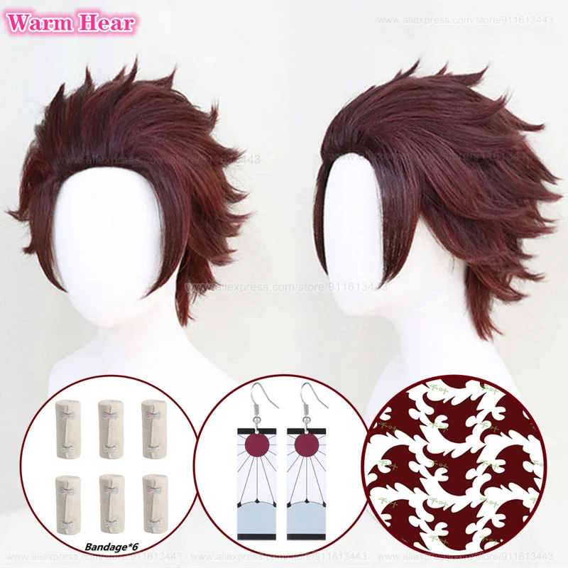 Kamado TanjIrou peruca sintética com brincos, castanho castanho, cosplay anime curto, cabelo resistente ao calor, perucas de festa de Halloween, 30cm