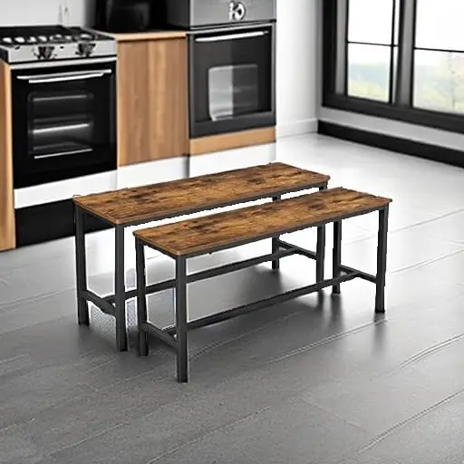 Conjunto de 2 bancos de jantar industriais, estrutura de aço com tampo de madeira rústica para cozinha e sala de estar, 12,8x42,5x19,7 polegadas