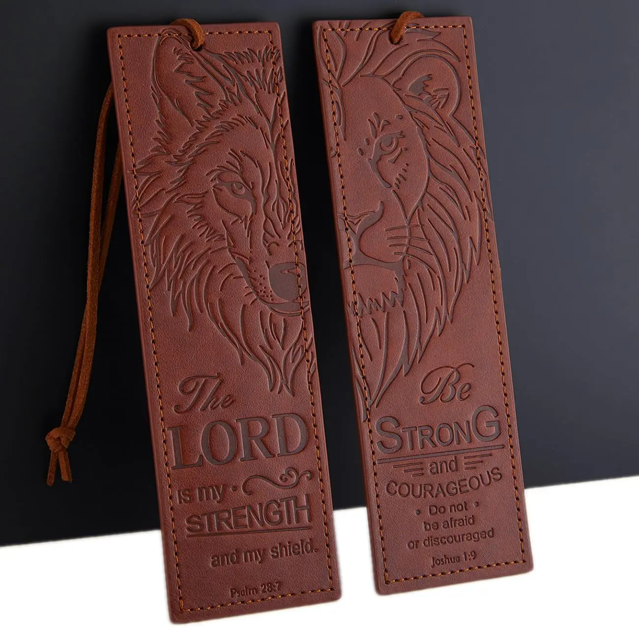 

2 Pcs Leather Bible Bookmarks for Men, Christian Gifts with Lion & Wolf Design, Joshua 1:9 & Psalm 28:7, Brown