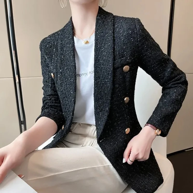 High-End Office Lady Blue Tweed Blazers Fashion V-Neck Double Breasted Slim Suit Jacket Women Design Temperament Outerwear