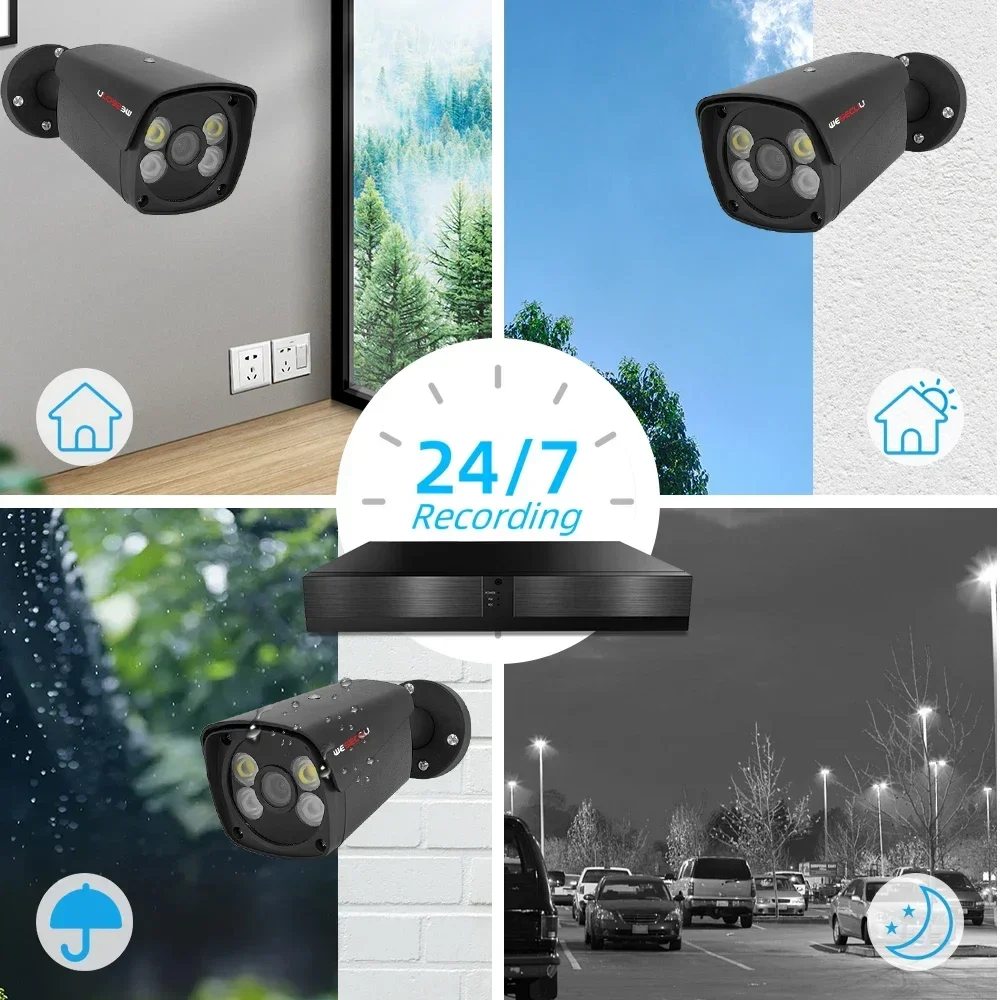 Wesecuu 8ch 4mp 5mp 4k 8mp poe câmera ip cctv kits de áudio embutido ip66 câmeras bala à prova dip66 água sistema cctv câmera