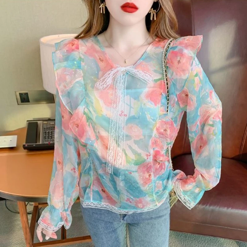 

Уникальная блузка из шифона с оборками, женская, осень 2026, новый стиль, с кружевной завязкой, свободный крой, длинный рукав, элегантный топ