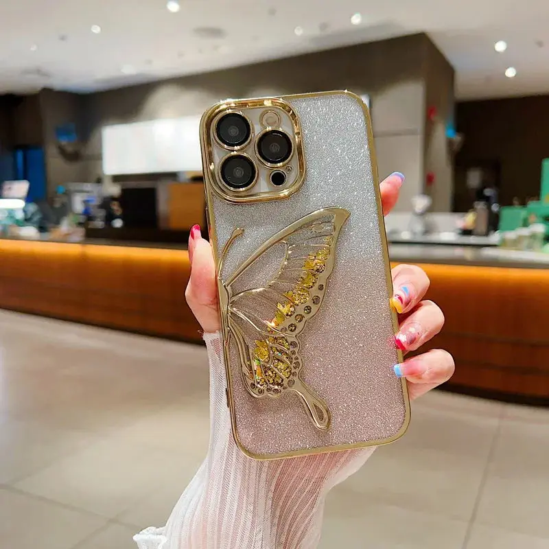 Luxury Quicksand Glitter Butterfly Soft Phone Case For iPhone 11 12 13 14 15 16 Pro Max Camera Protection Shockproof Clear Cover