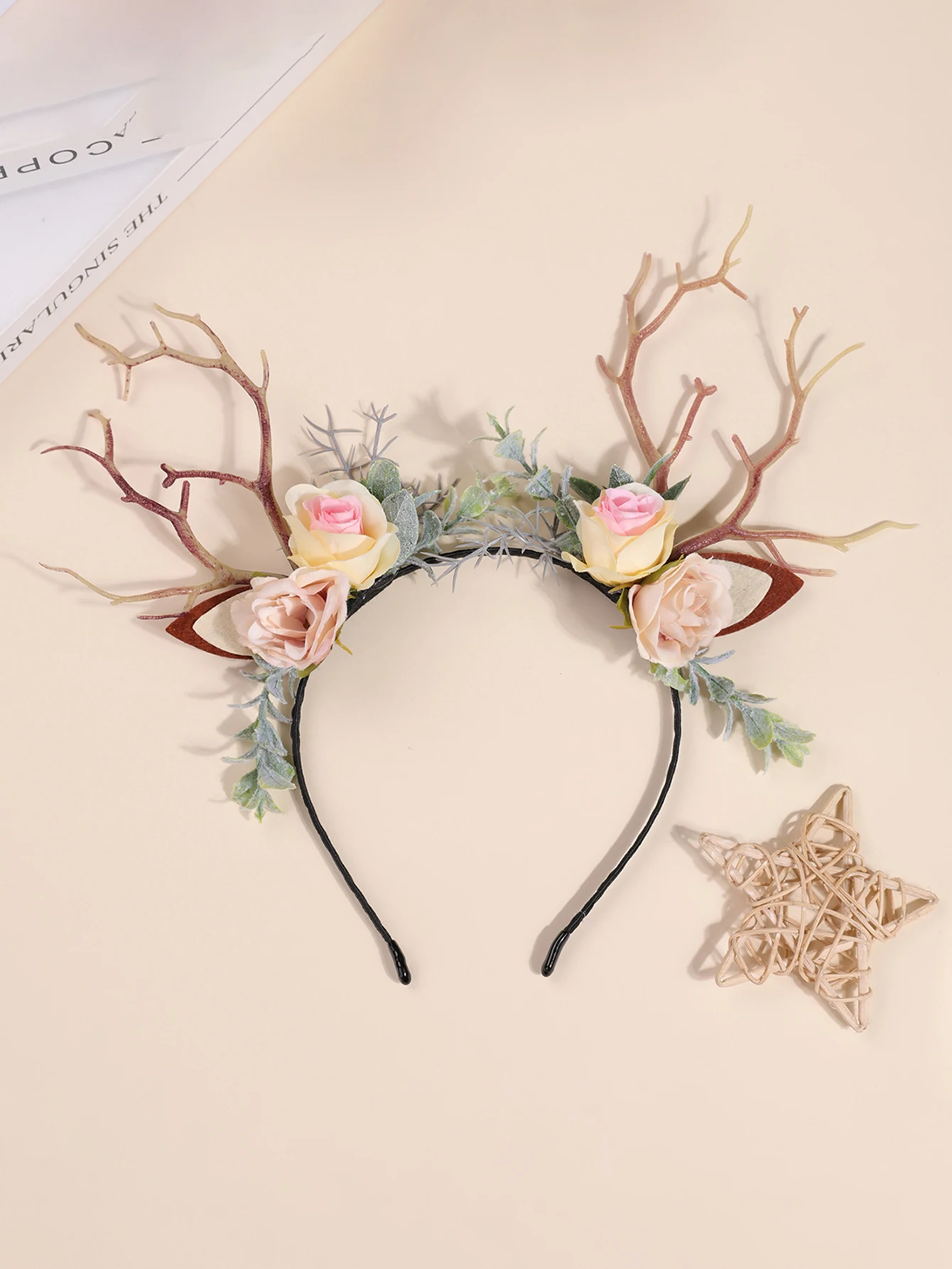Haarband mit synthetischen Geweihblumen im Wald-Stil, Feenhaarband mit Baumspitzen, Cosplay-Kopfbedeckung für Weihnachten und Halloween, Foto- und Videodrehszenen – Detail 8