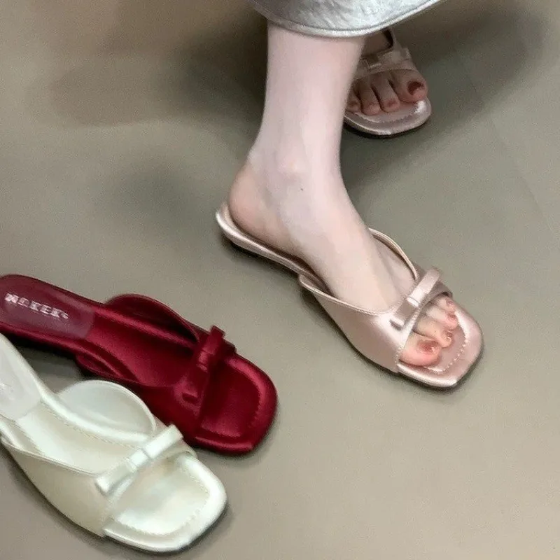 Sandalias de mujer con tacón de cuña, estilo francés, de seda satinada con lazo, frescas, de verano, con punta cuadrada y punta abierta, Chanclas Mujer