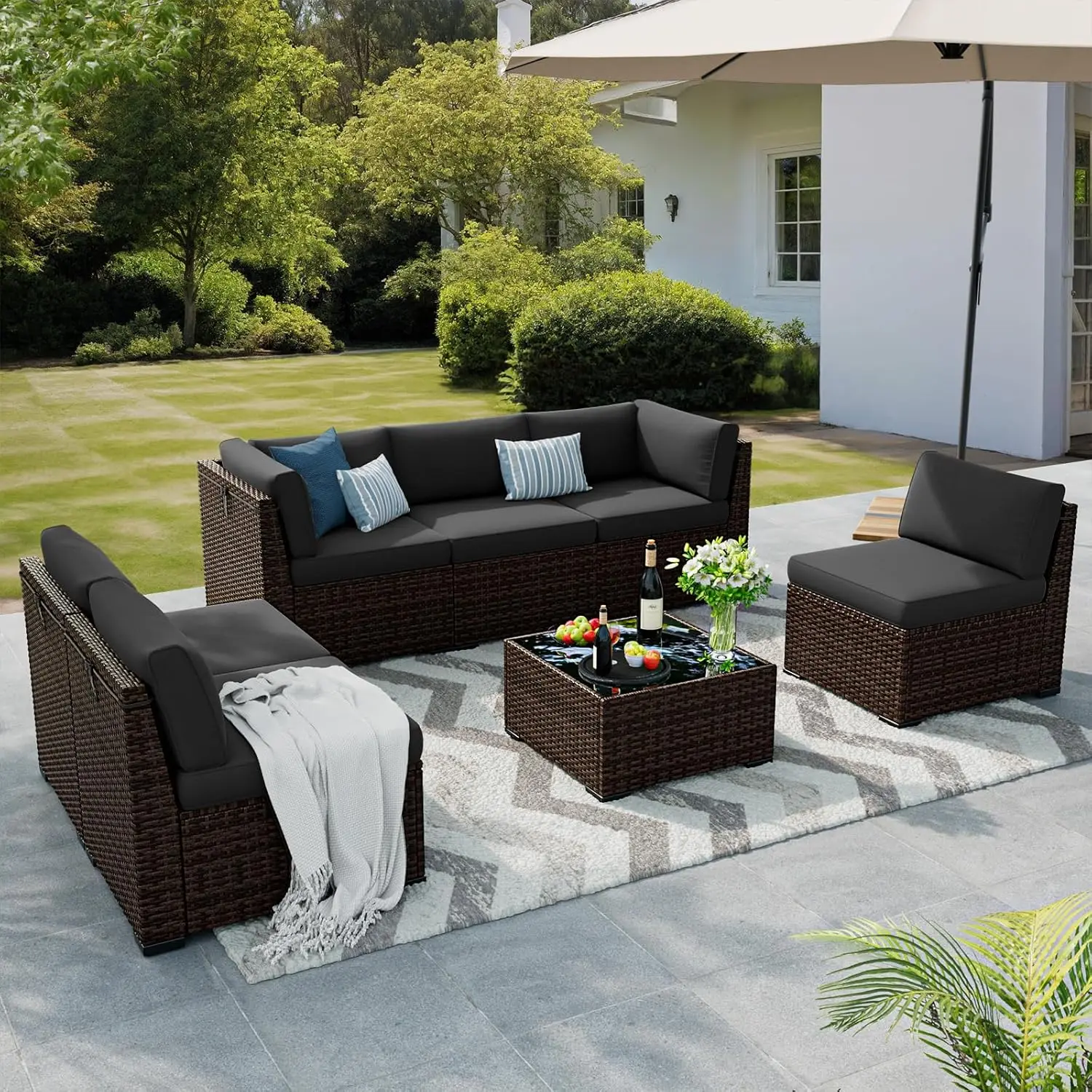 7 PCs Outdoor Sectional Sofa Patio Furniture Set with Waterproof Cover, PE Wicker  Couch set with Cushions,Glass Table,Dark Grey