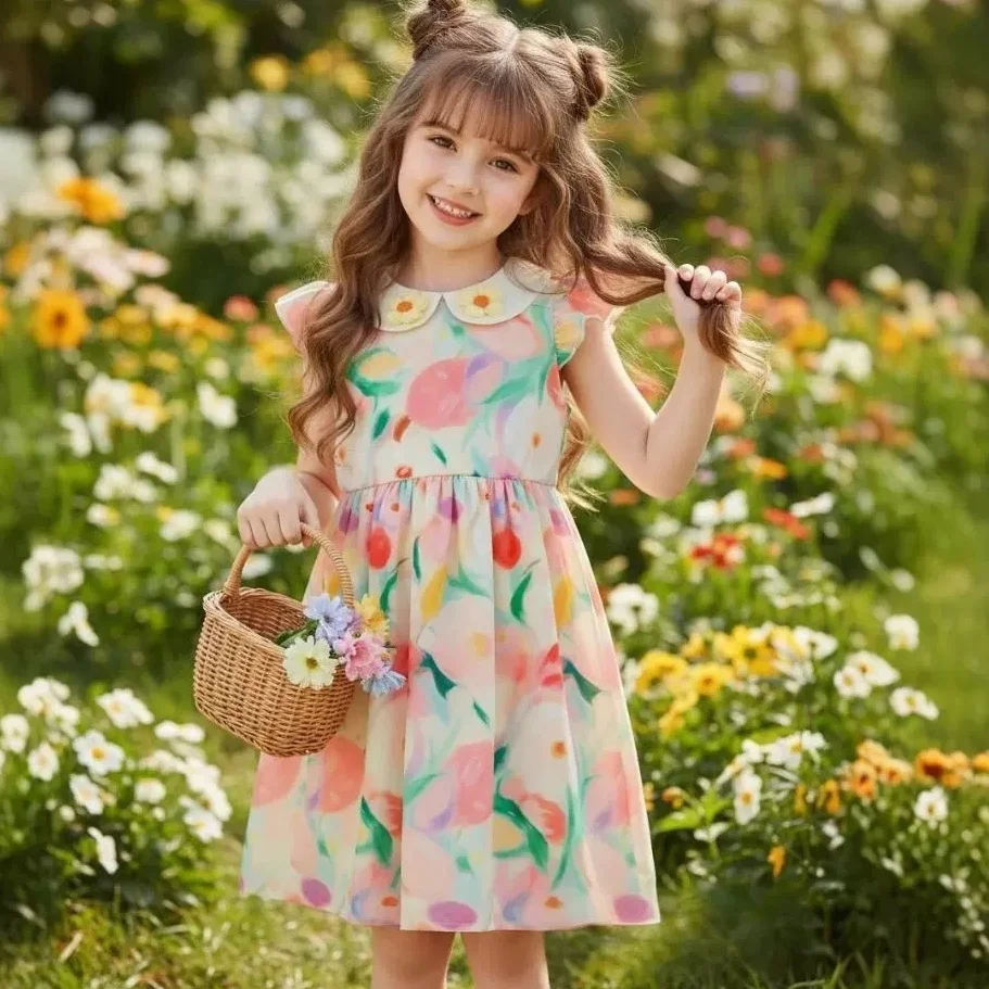 

Kids Girls' Outfits Lightweight Summer Floral Princess Dress Short Sleeves Beach Dresses For Girl Casual Outings 4 5 6 7 Years