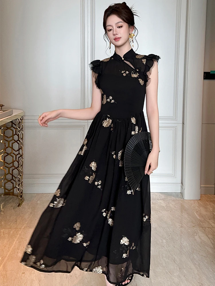 Vintage Qipao Maxi Dresses for Women Sexy Cheongsam Dress Black Sequin Embroidery Hollow Cut Out Party Robe Femme Prom Vestidos