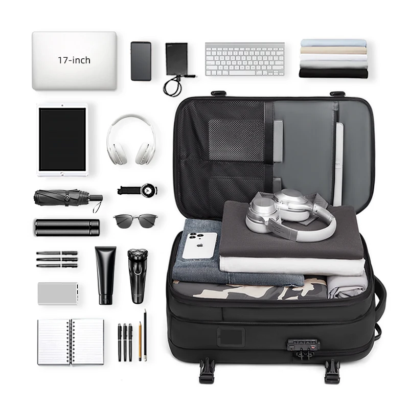 حقيبة ظهر للسفر للرجال بنقرة واحدة، مضخة بدء التشغيل، حقيبة كمبيوتر محمول مضغوطة للتنزه سيرًا على الأقدام، حقيبة ظهر مدرسية ممتدة مقاس 17 بوصة