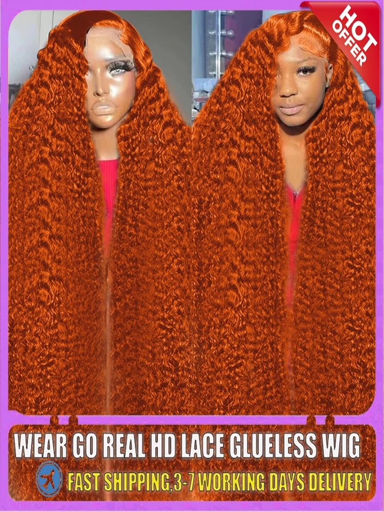 Ondinay Wig 36 40 Inch Deep Wave Orange Ginger 13x6 Curly Lace Front Human Hair Wigs 250 Density 13x4 Lace Frontal Wig For Women