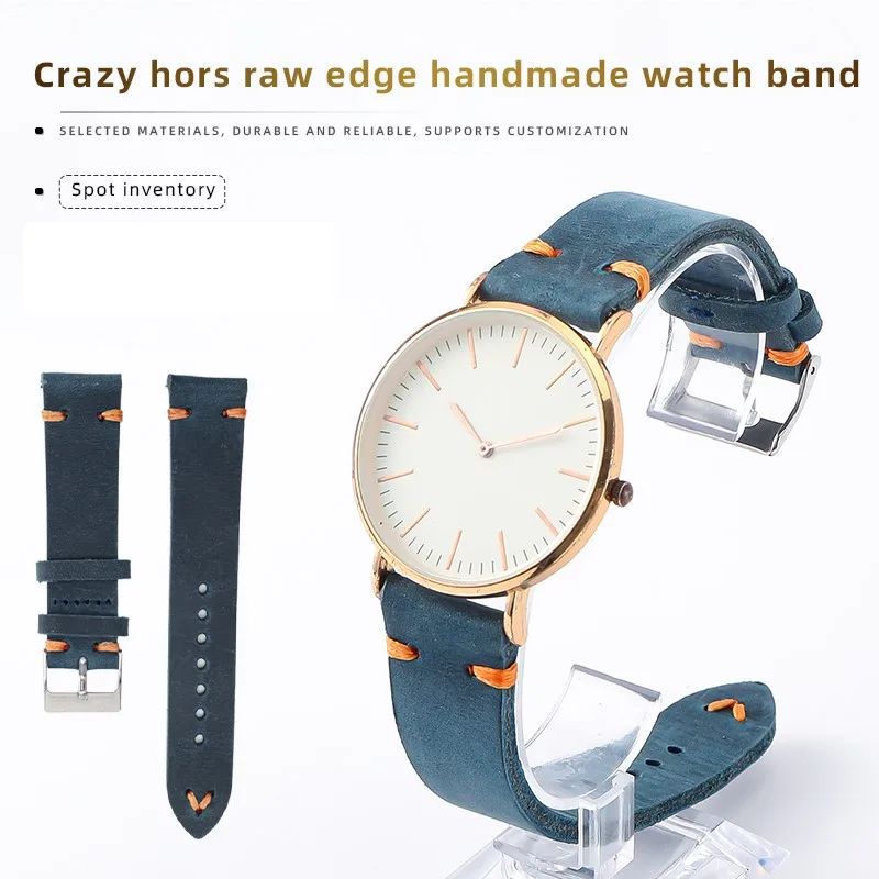 Vintage Crazy Horse Leather Watchband 16mm 17mm 18mm 19mm 20mm 21mm 22mm Blue Hand-stitched Quick Release Watch Strap For Men