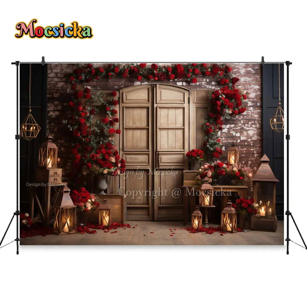 Valentine's Day Night Backdrop Red Rose Flower Brick Wall Candle Background Wallpaper February 14 Lover Portrait Studio Props