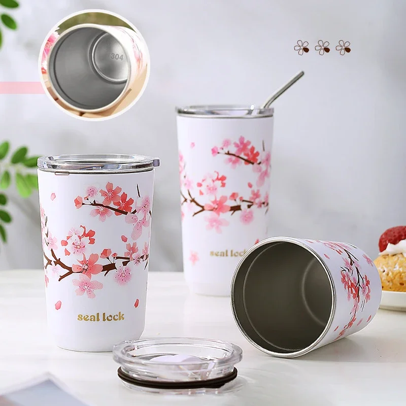 Stainless Steel Thermal Mug with Lids Cherry Printing Water Bottle Sukura Vacuum Insulated Leakproof Drinkware Beer Cup for Gift