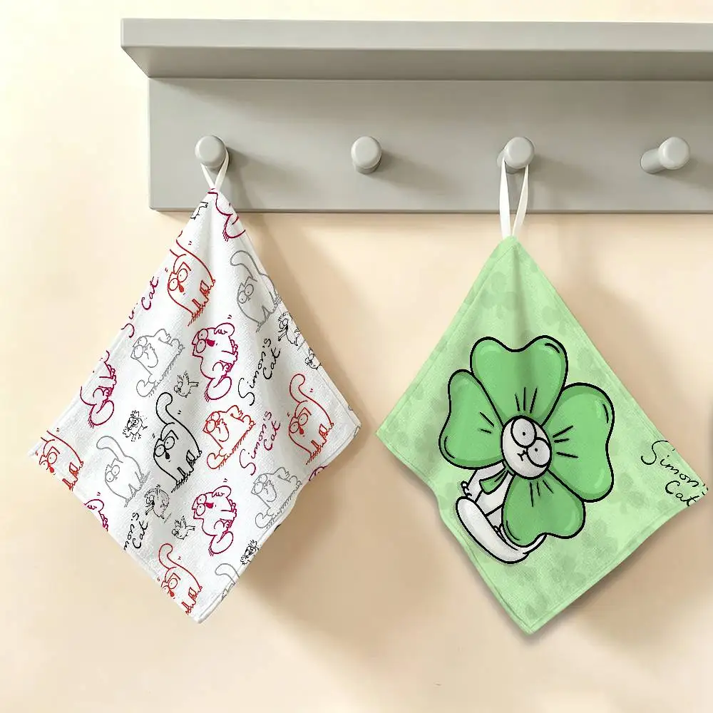 Kawaii S-Simons Cat Reusable Hanging Kitchen Towel, Polyester Cotton Soft Fabric for Office Home Daily Life